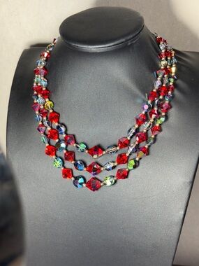 Red Colorful Aurora Borealis Bead Three-Strand Women's Necklace - Unbranded